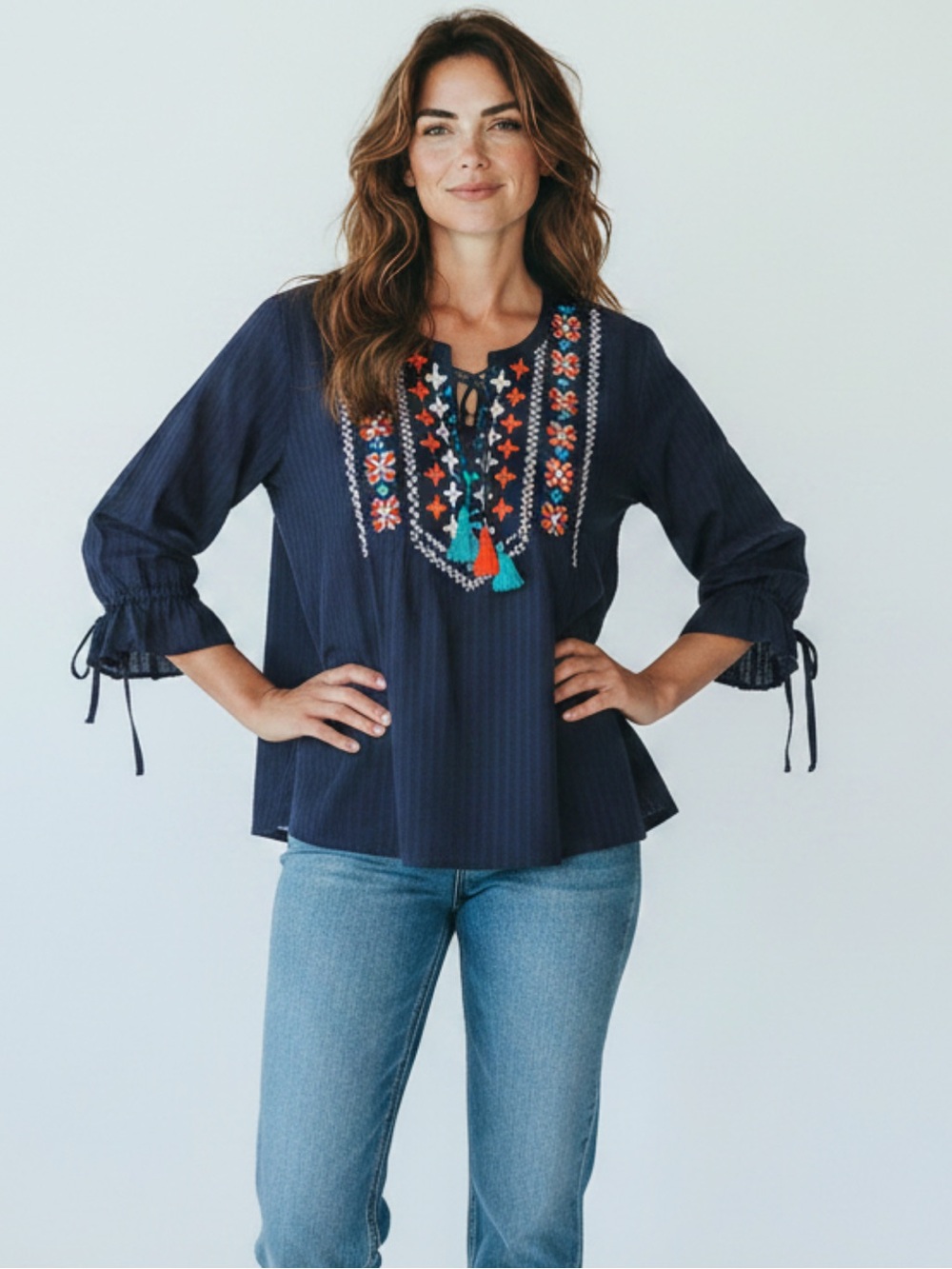 Hatley Navy Embroidered Cinch Sleeve Peasant Top with Orange Accents NWT